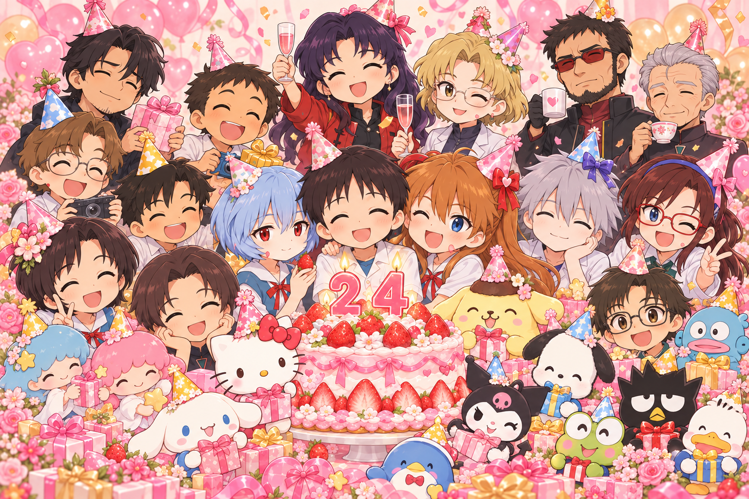 Ilustración de Evangelion junto a Hello Kitty y sus amigos celebrando con un pastel de 24 años